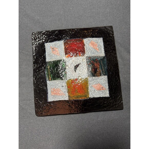 Decorative Square Platter Handmade Fused Glass Patchwork Centerpiece  8.25" - Picture 3 of 8